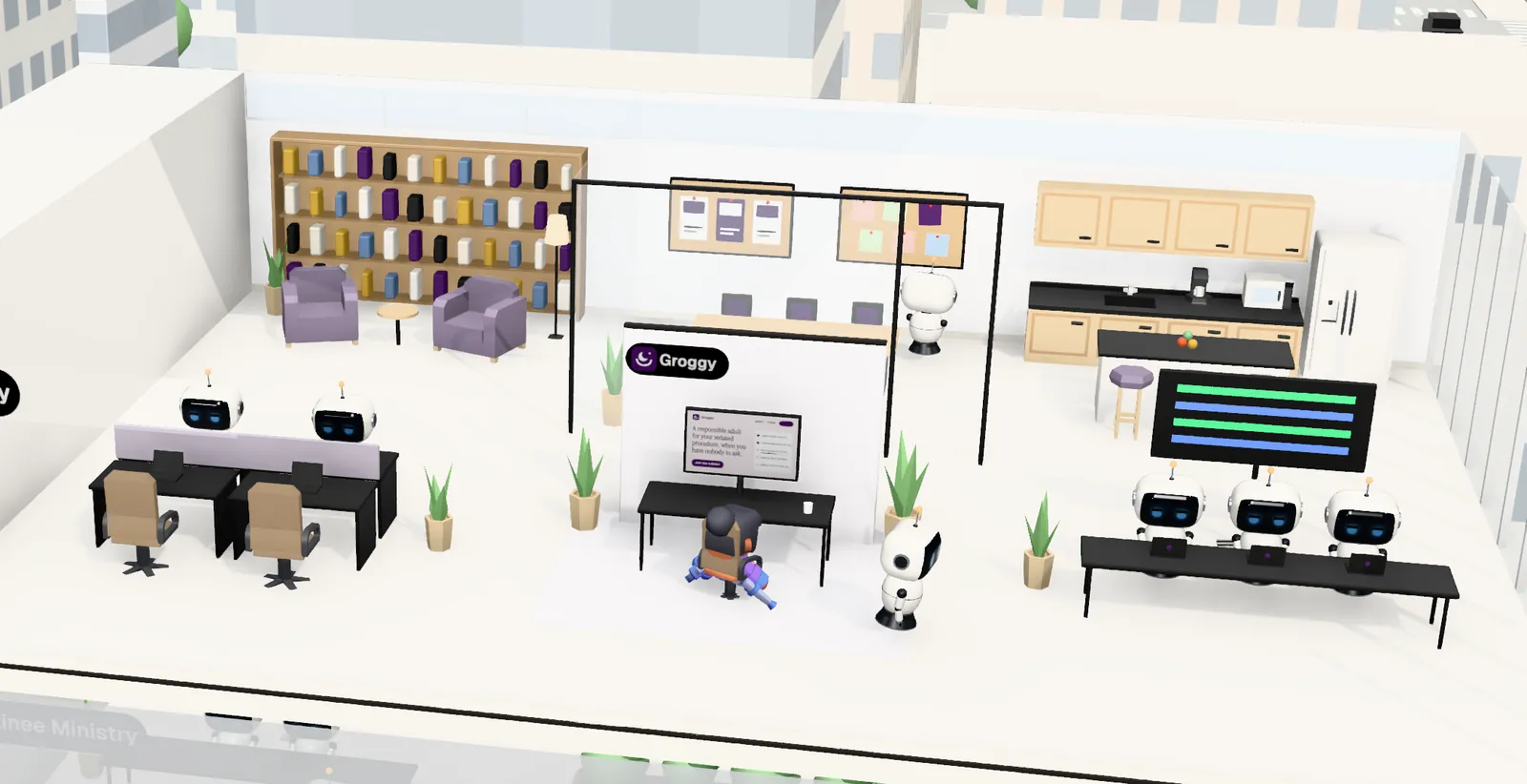 Groggy’s office on floor 6 of Tower 1: the owner’s desk with the website on screen, the agents’ bench, a meeting room and a library